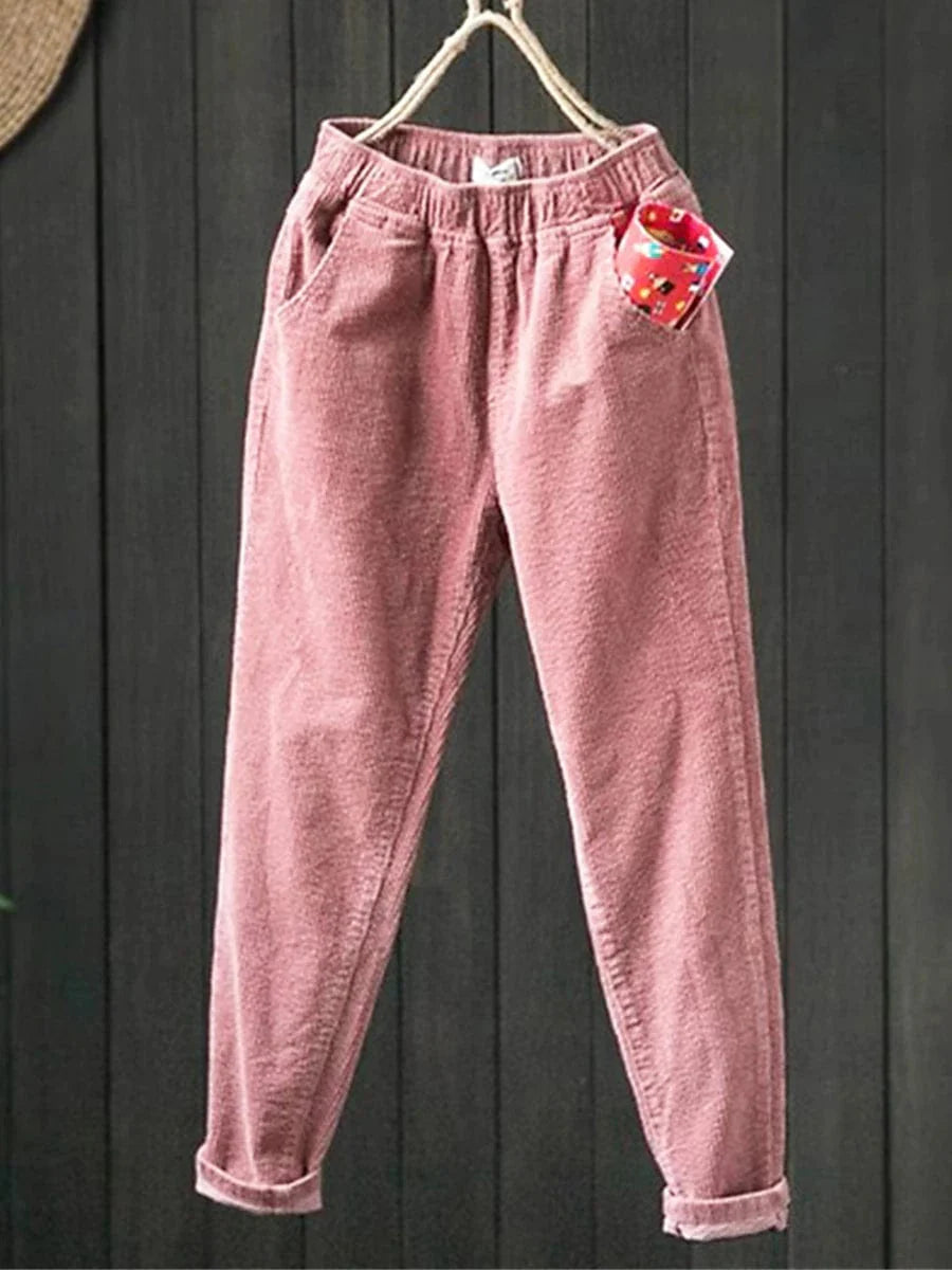 Skinny Corduroy Fleece Pants for Women - Black/Pink, Sizes M-L