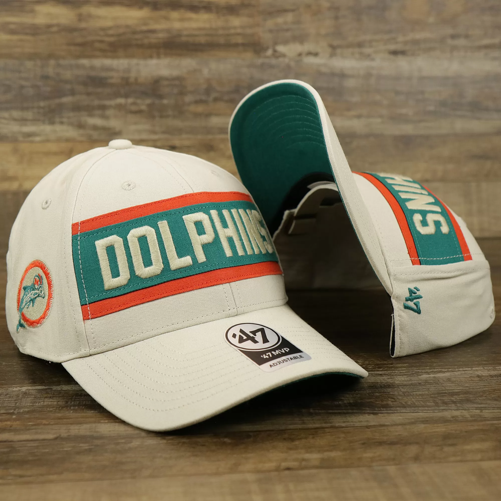 Throwback Miami Dolphins Striped Wordmark Legacy Dolphins Side Patch Crossroad Dad Hat | Bone Dad Hat