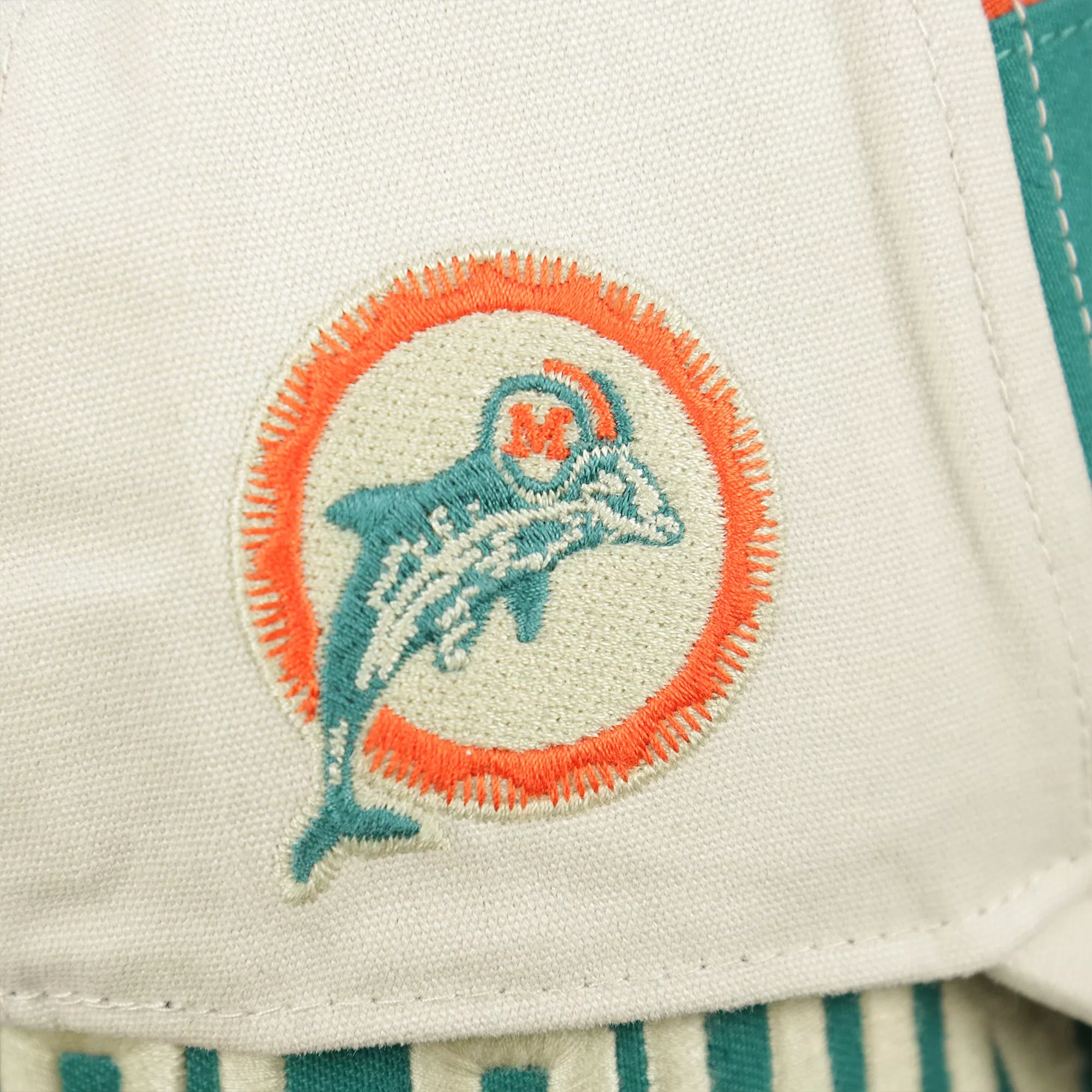 Throwback Miami Dolphins Striped Wordmark Legacy Dolphins Side Patch Crossroad Dad Hat | Bone Dad Hat