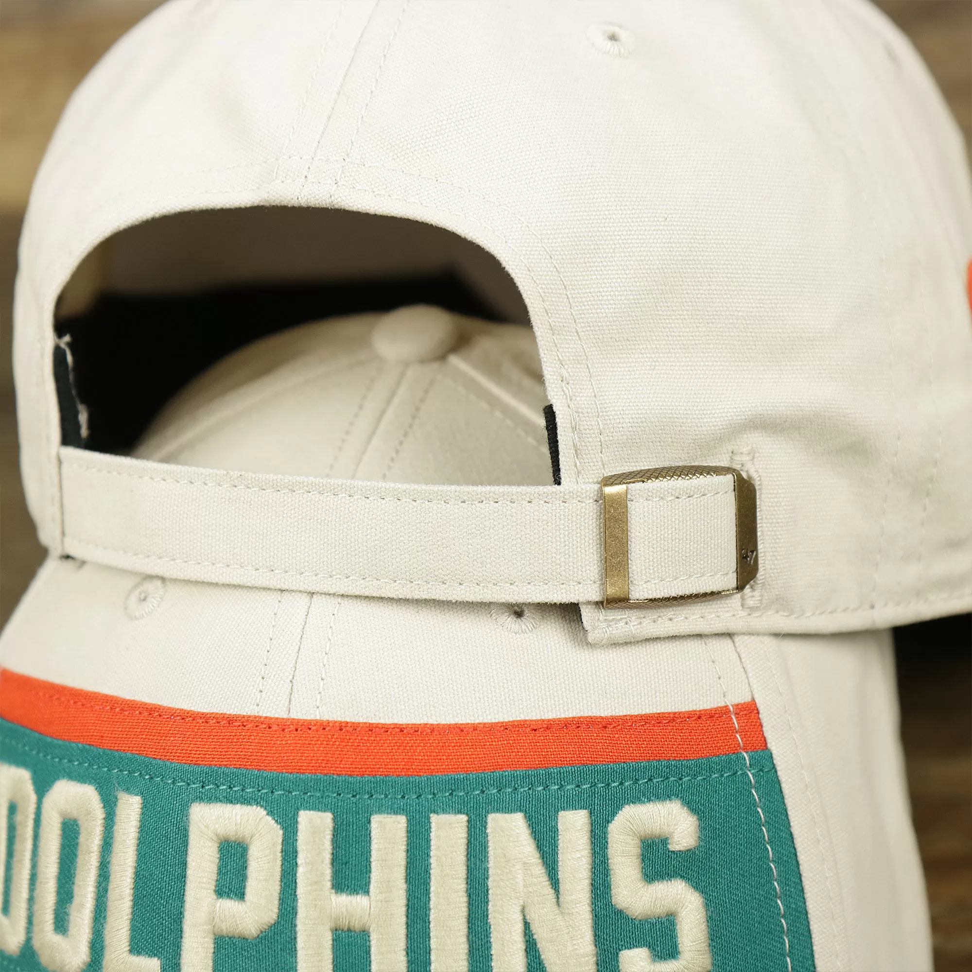 Throwback Miami Dolphins Striped Wordmark Legacy Dolphins Side Patch Crossroad Dad Hat | Bone Dad Hat