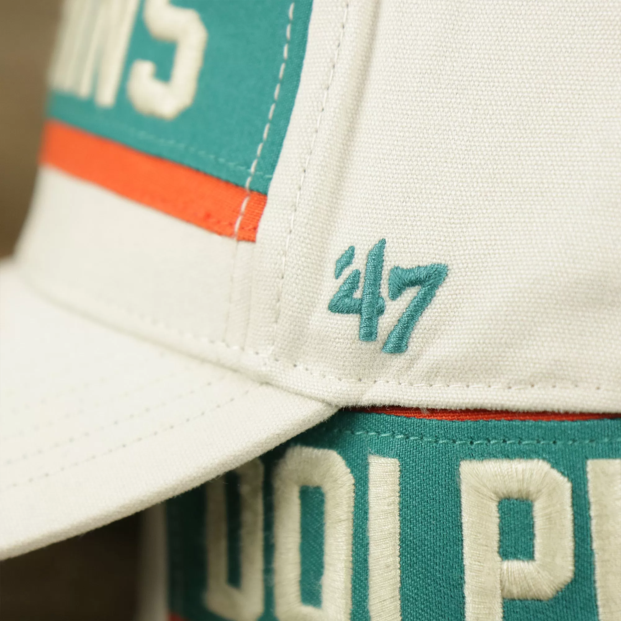 Throwback Miami Dolphins Striped Wordmark Legacy Dolphins Side Patch Crossroad Dad Hat | Bone Dad Hat