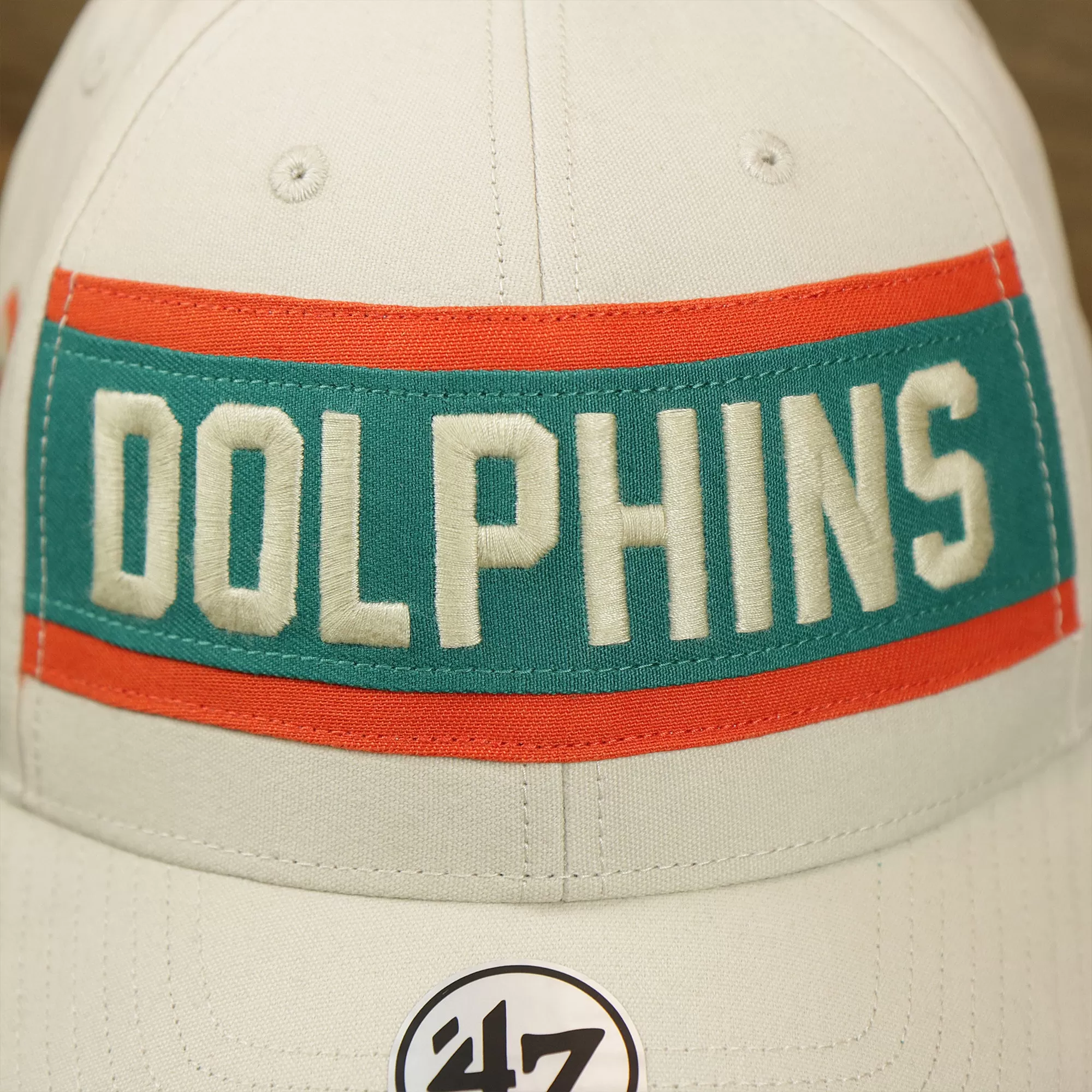 Throwback Miami Dolphins Striped Wordmark Legacy Dolphins Side Patch Crossroad Dad Hat | Bone Dad Hat