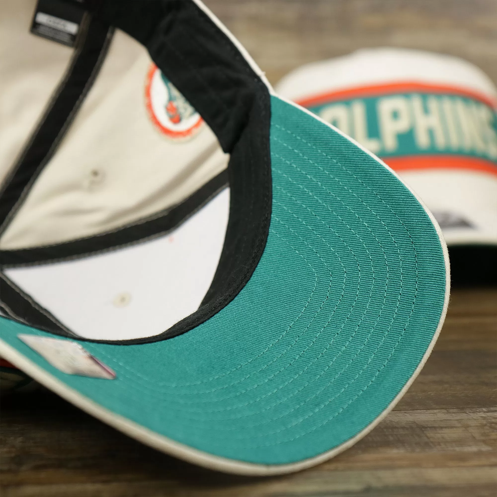 Throwback Miami Dolphins Striped Wordmark Legacy Dolphins Side Patch Crossroad Dad Hat | Bone Dad Hat