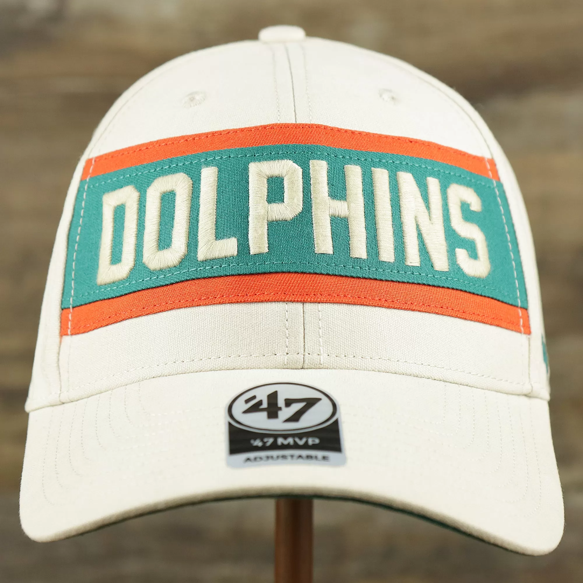 Throwback Miami Dolphins Striped Wordmark Legacy Dolphins Side Patch Crossroad Dad Hat | Bone Dad Hat