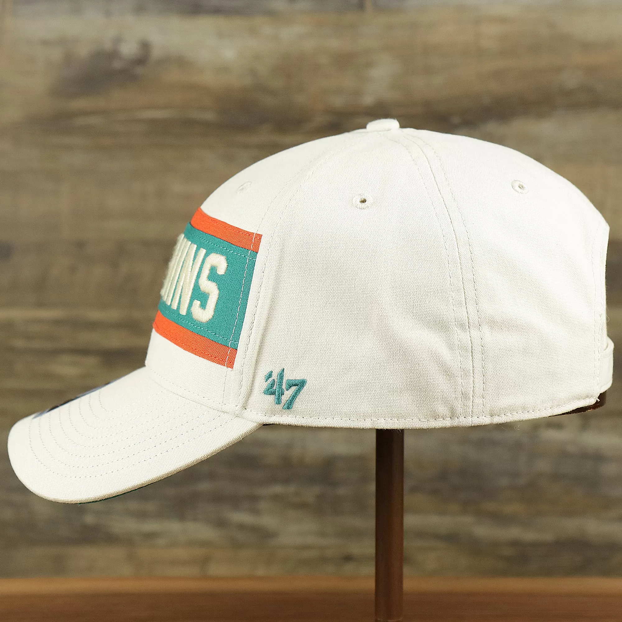 Throwback Miami Dolphins Striped Wordmark Legacy Dolphins Side Patch Crossroad Dad Hat | Bone Dad Hat