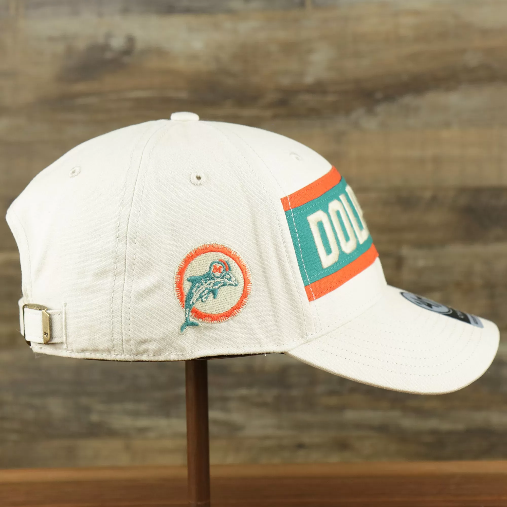 Throwback Miami Dolphins Striped Wordmark Legacy Dolphins Side Patch Crossroad Dad Hat | Bone Dad Hat