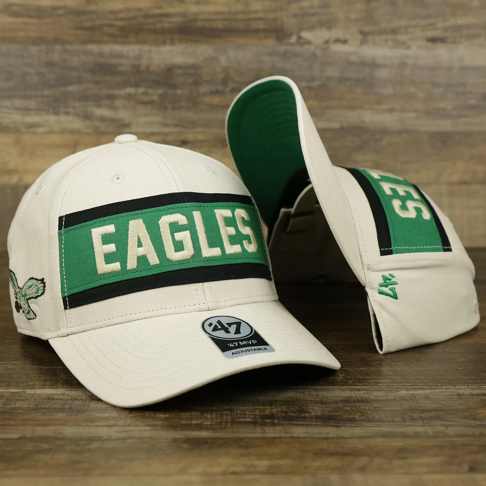 Throwback Philadelphia Eagles Striped Wordmark Legacy Eagles Side Patch Crossroad Dad Hat | Bone Dad Hat