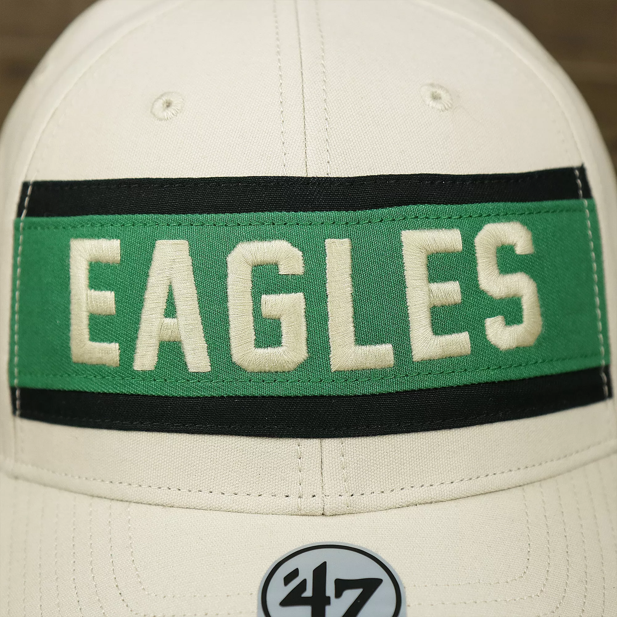 Throwback Philadelphia Eagles Striped Wordmark Legacy Eagles Side Patch Crossroad Dad Hat | Bone Dad Hat