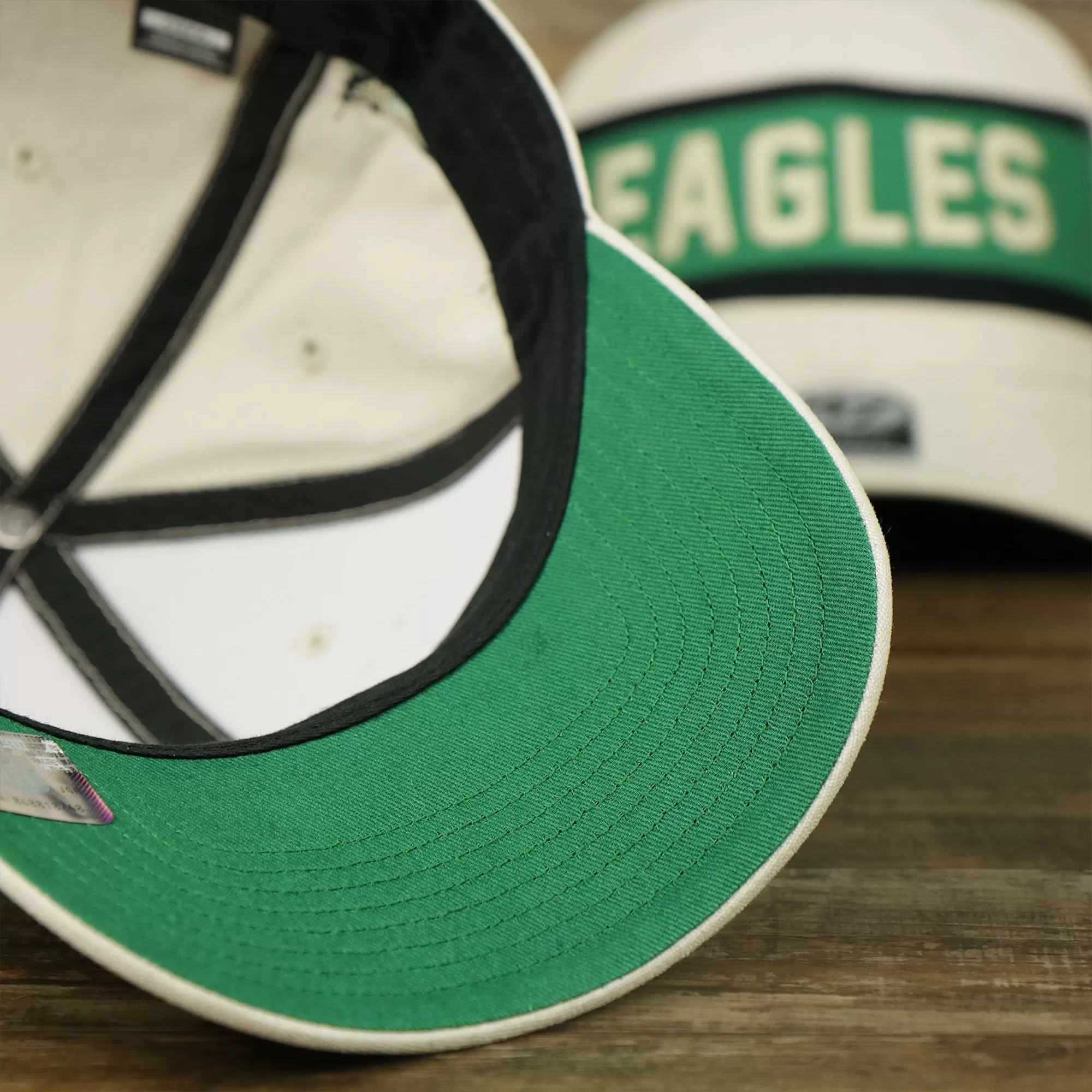 Throwback Philadelphia Eagles Striped Wordmark Legacy Eagles Side Patch Crossroad Dad Hat | Bone Dad Hat