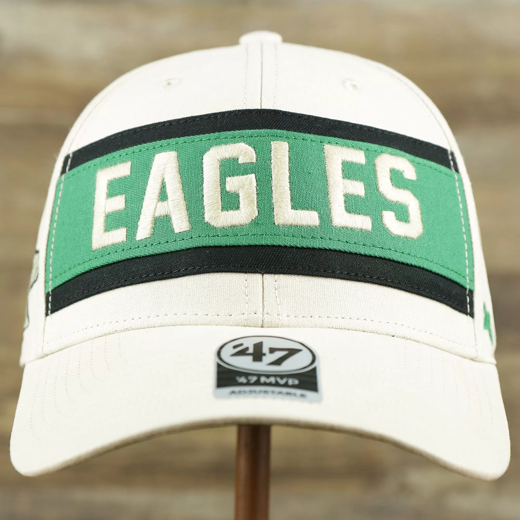 Throwback Philadelphia Eagles Striped Wordmark Legacy Eagles Side Patch Crossroad Dad Hat | Bone Dad Hat