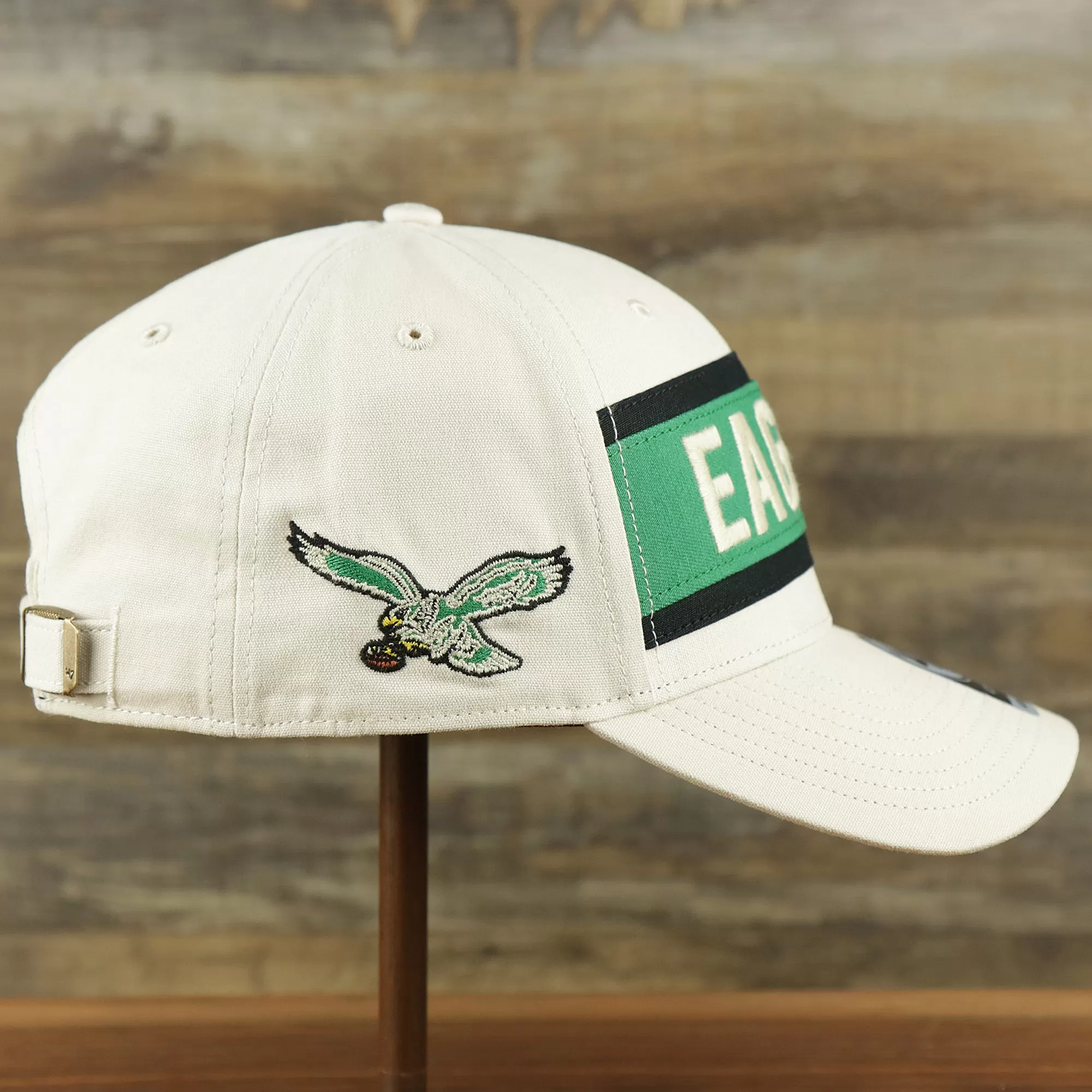 Throwback Philadelphia Eagles Striped Wordmark Legacy Eagles Side Patch Crossroad Dad Hat | Bone Dad Hat