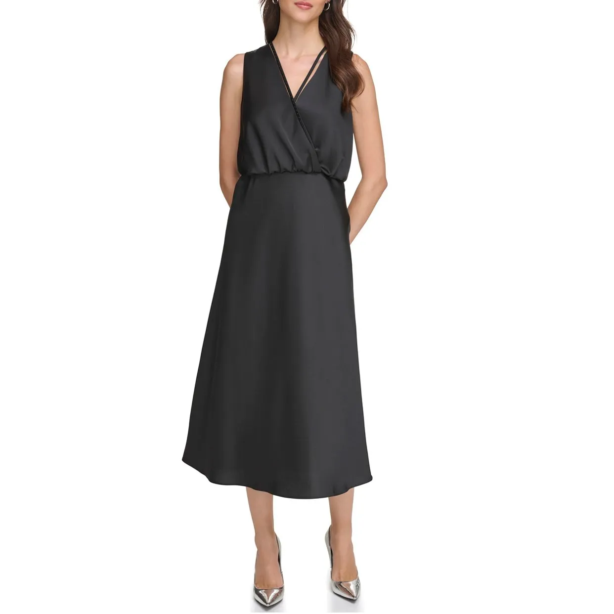 V-Neck Satin Dress -Black