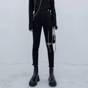 Vintage Black Punk Style Zipper Ripped High Waist Pencil Pants