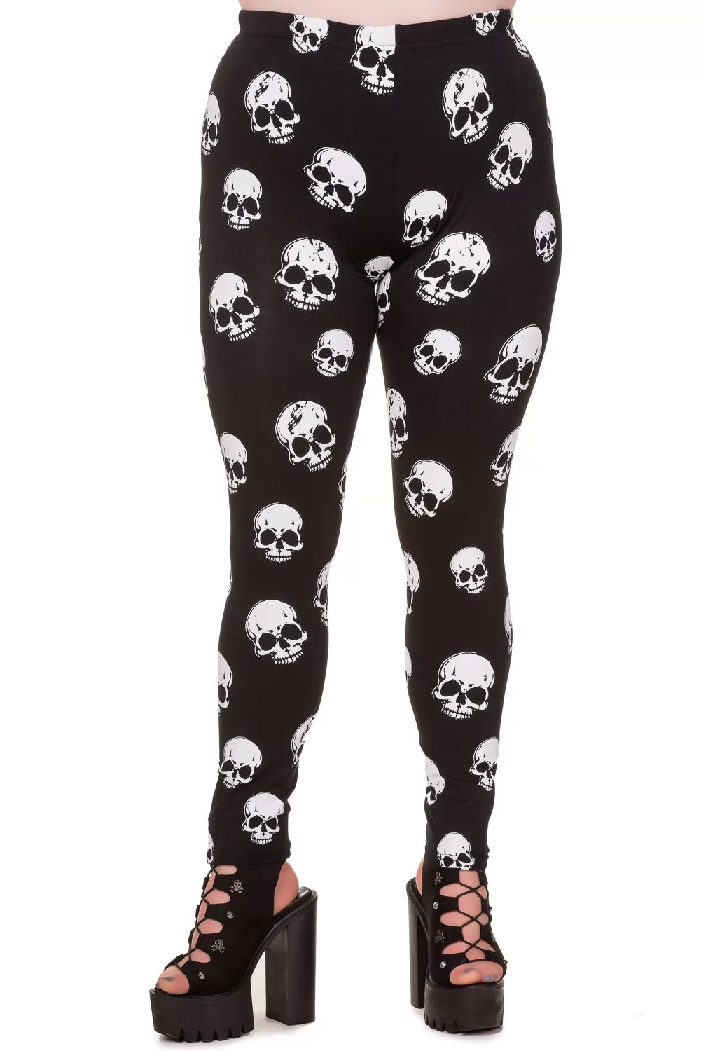 White Skulls Plus Size Black Leggings