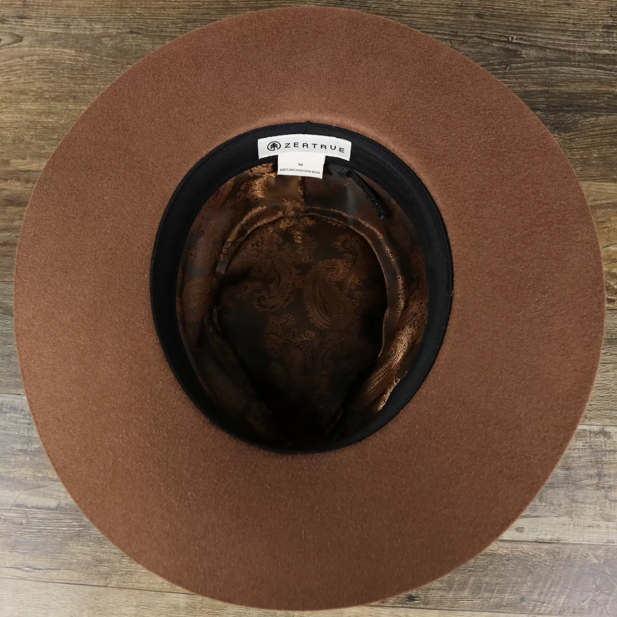 Wide Brim Ribbon Edge Brown Fedora Hat with Black Silk Interior | Zertrue 100% Australian Wool