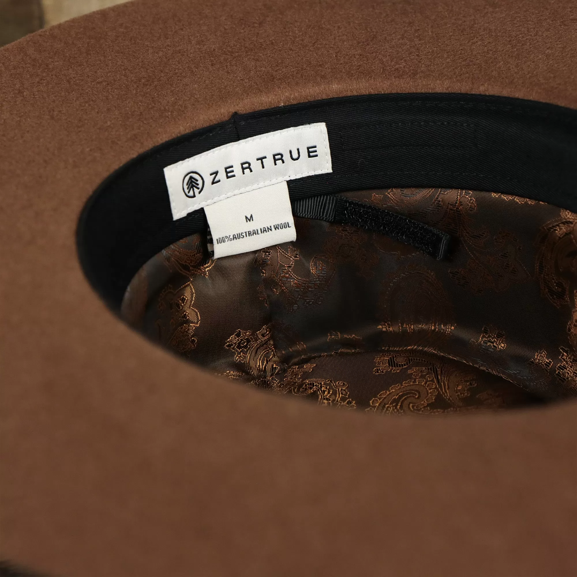 Wide Brim Ribbon Edge Brown Fedora Hat with Black Silk Interior | Zertrue 100% Australian Wool