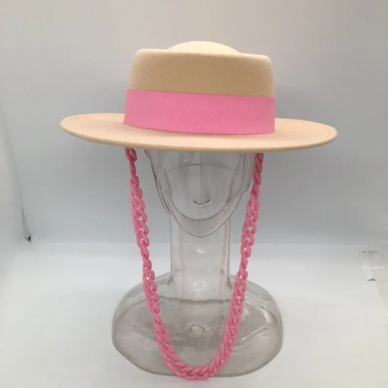 Women's Aristocratic Pink Chain Concave and Convex Top Wool Hat