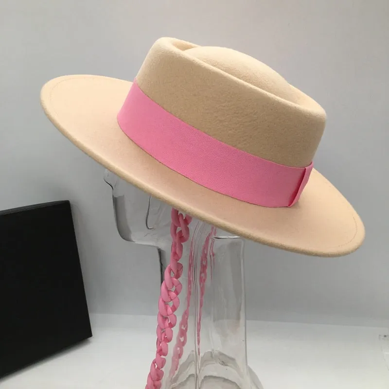 Women's Aristocratic Pink Chain Concave and Convex Top Wool Hat