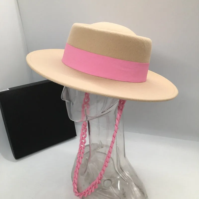 Women's Aristocratic Pink Chain Concave and Convex Top Wool Hat