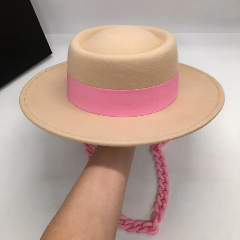 Women's Aristocratic Pink Chain Concave and Convex Top Wool Hat