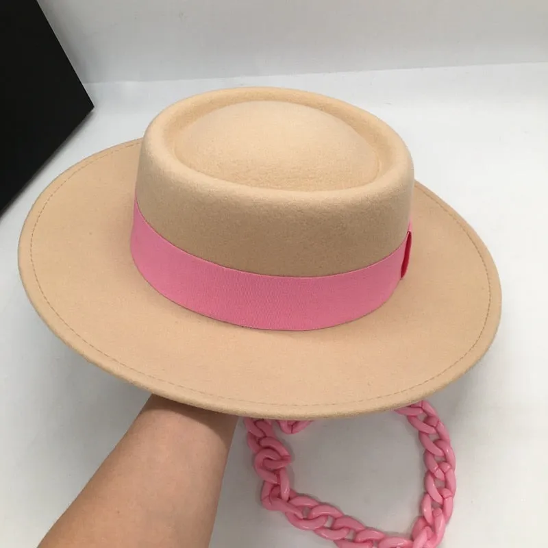 Women's Aristocratic Pink Chain Concave and Convex Top Wool Hat