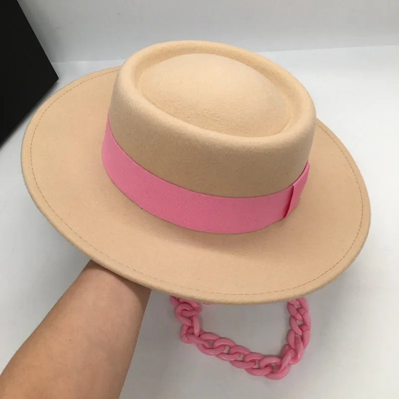 Women's Aristocratic Pink Chain Concave and Convex Top Wool Hat