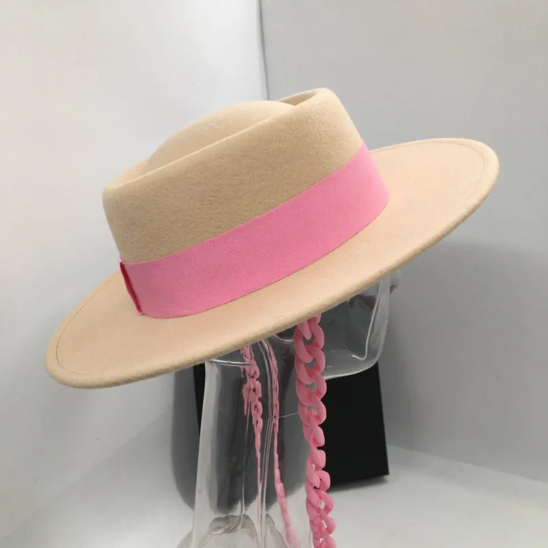 Women's Aristocratic Pink Chain Concave and Convex Top Wool Hat