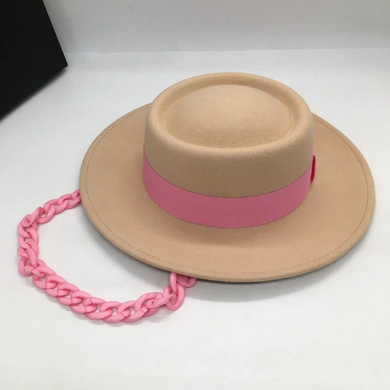 Women's Aristocratic Pink Chain Concave and Convex Top Wool Hat