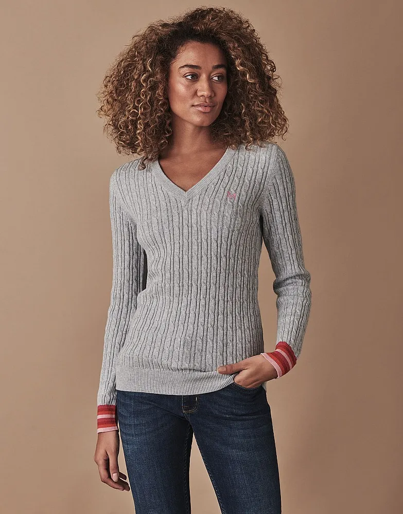 Women's Heritage Tipped Cable V Neck Jumper from Crew Clothing Company